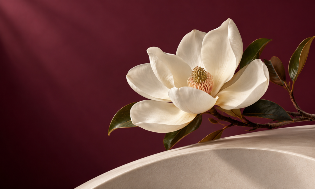 Magnolia marfil sobre fondo burdeos